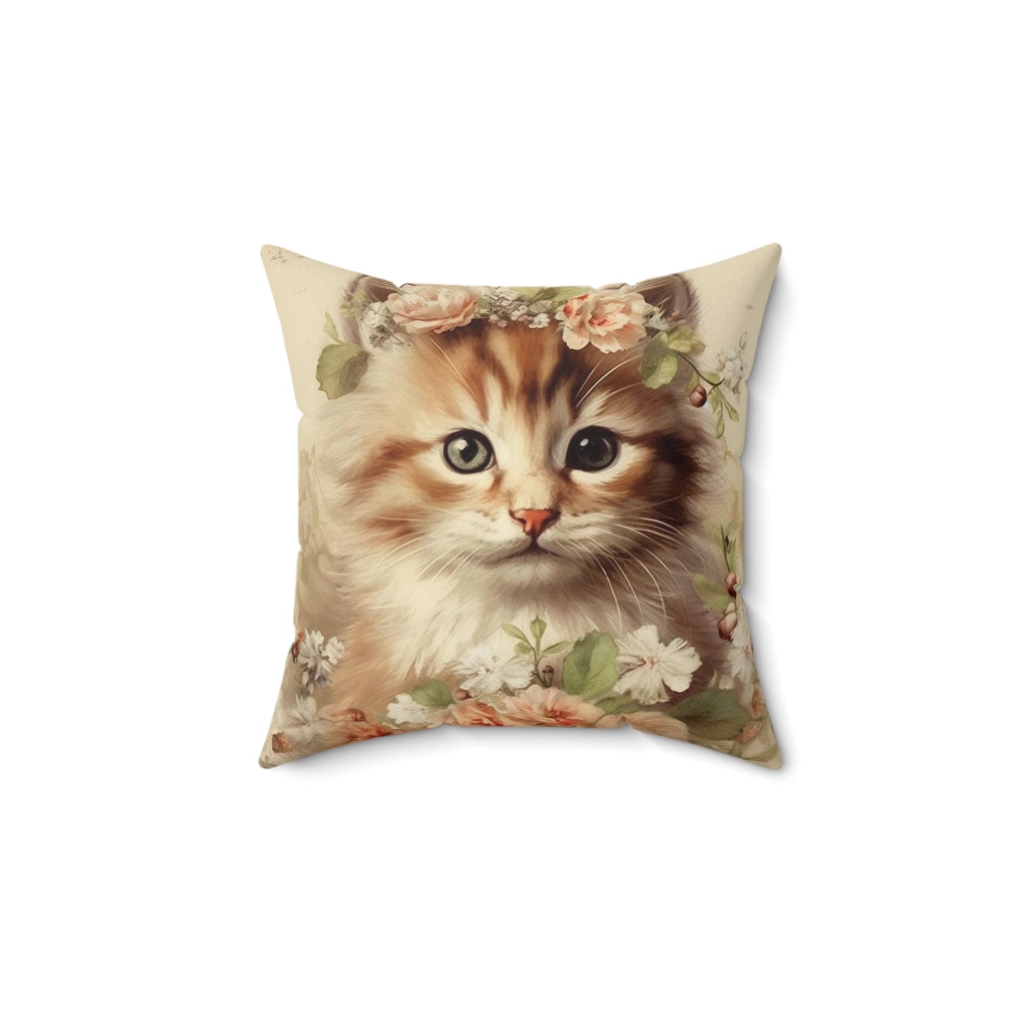 Kitten Floral Square Pillow - Vintage Faux Suede Throw Cushion, Cute Cat Home Decor, Classic Design