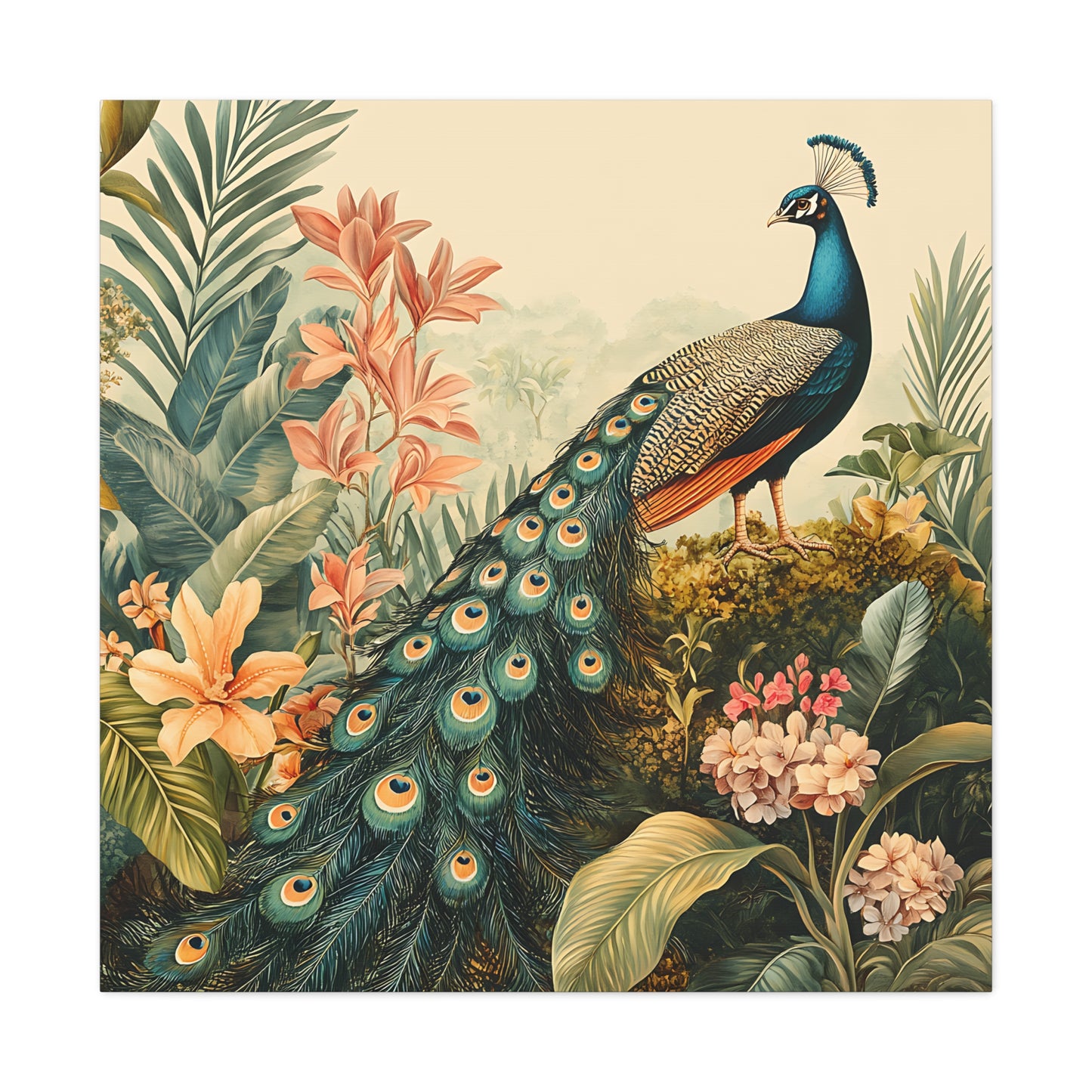 Peacock Vintage Canvas Art, Floral Wall Decor Print, Home Decoration, Gallery Wrap, Retro Style Gift Idea