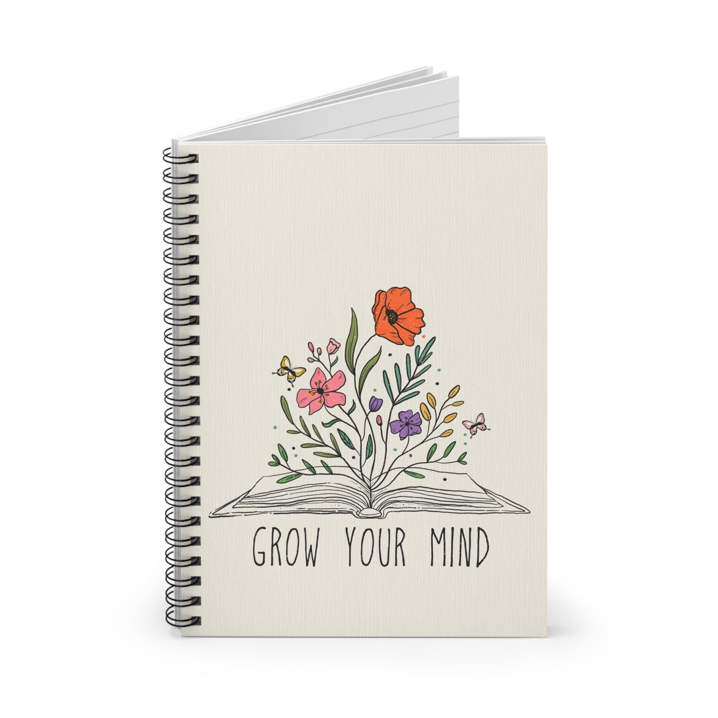 Grow Your Mind Floral Notebook, Journal, Flower Pattern, Lined Stationery, Gift, Ruled Line Notebook, Writing Journal, Diary, Planner