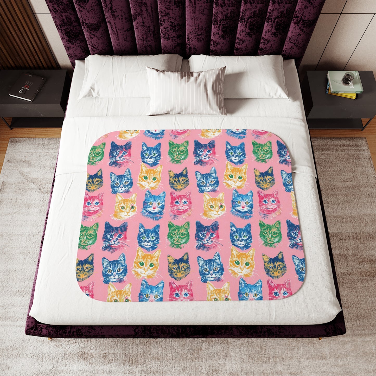 Colorful Cats Sherpa Blanket, Pink Background, Cat Lover Gift, Feline Decor, Cozy Throw Blanket, Animal Print, Kitty Pattern