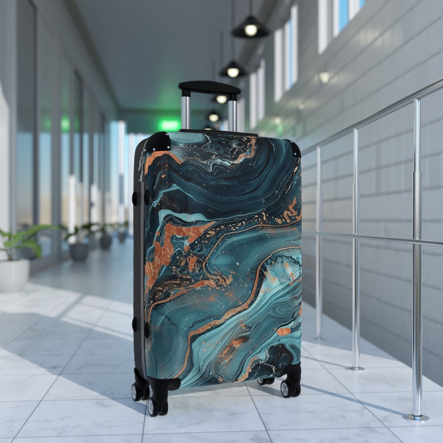 Teal Marble Print Suitcases - Travel Luggage, Hardshell Spinner, 4-Wheel Suitcase, Classic Marbled Suitcase, Gold Travel Bag