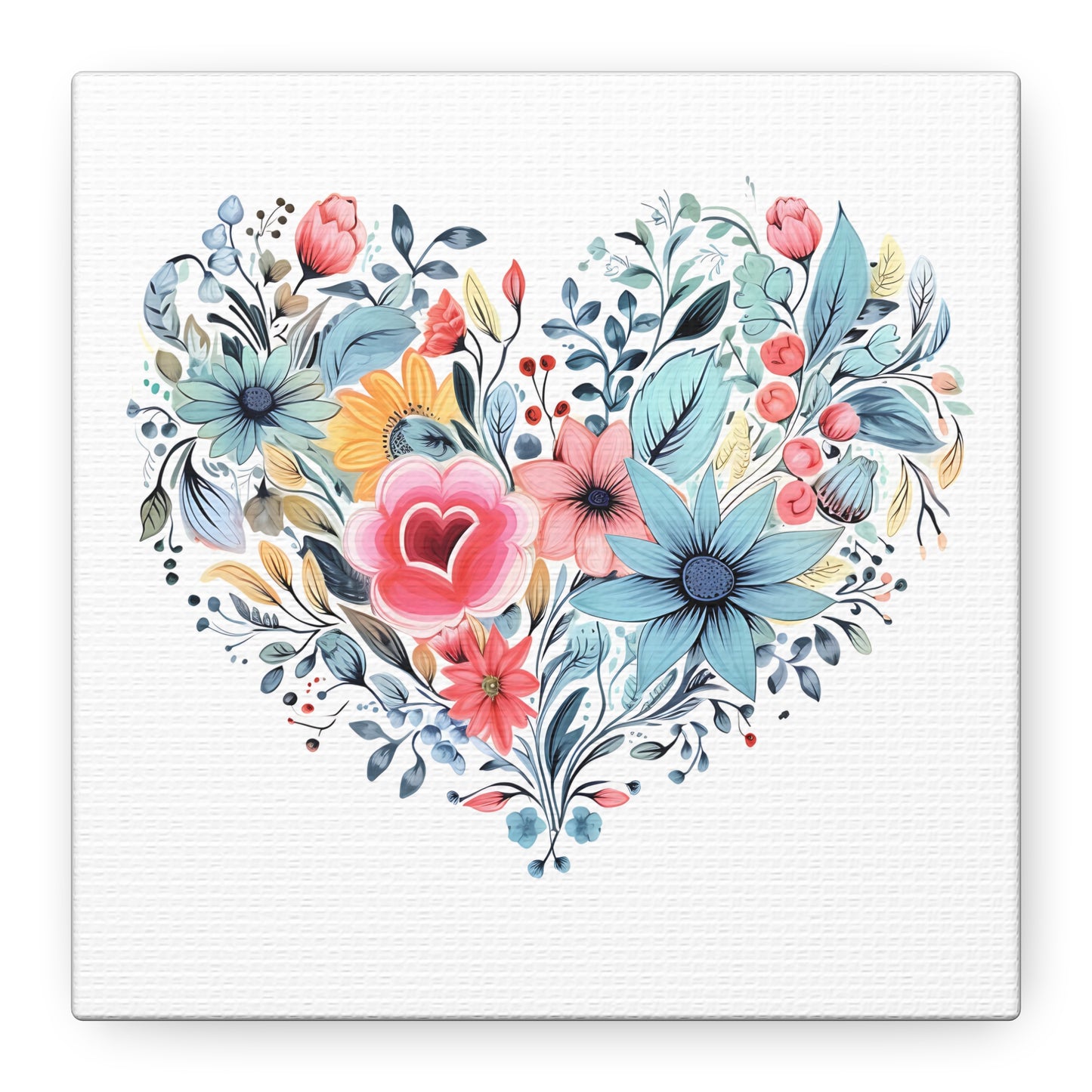 Floral Heart Wall Art, Home Decor, Gift for Her, Stretched Canvas, Flower Heart, Botanical Print, Canvas Print,