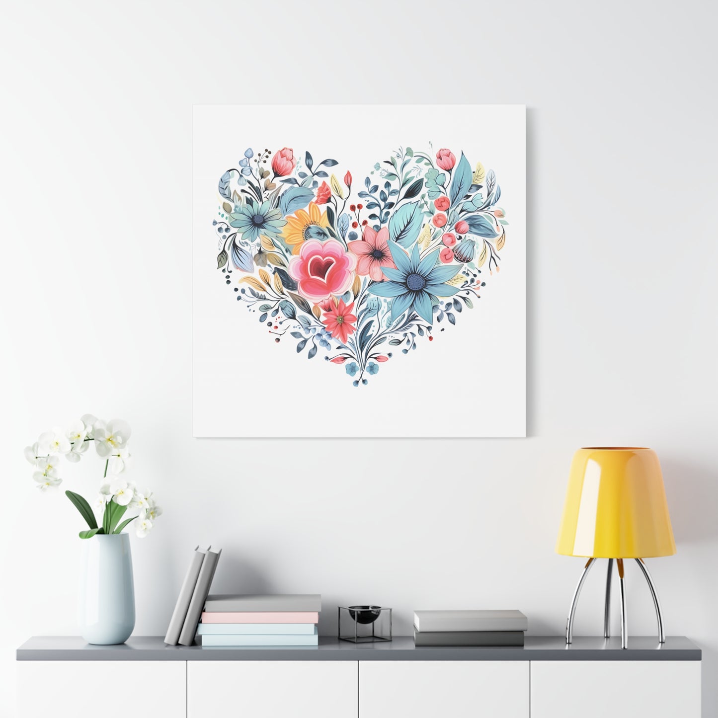 Floral Heart Wall Art, Home Decor, Gift for Her, Stretched Canvas, Flower Heart, Botanical Print, Canvas Print,