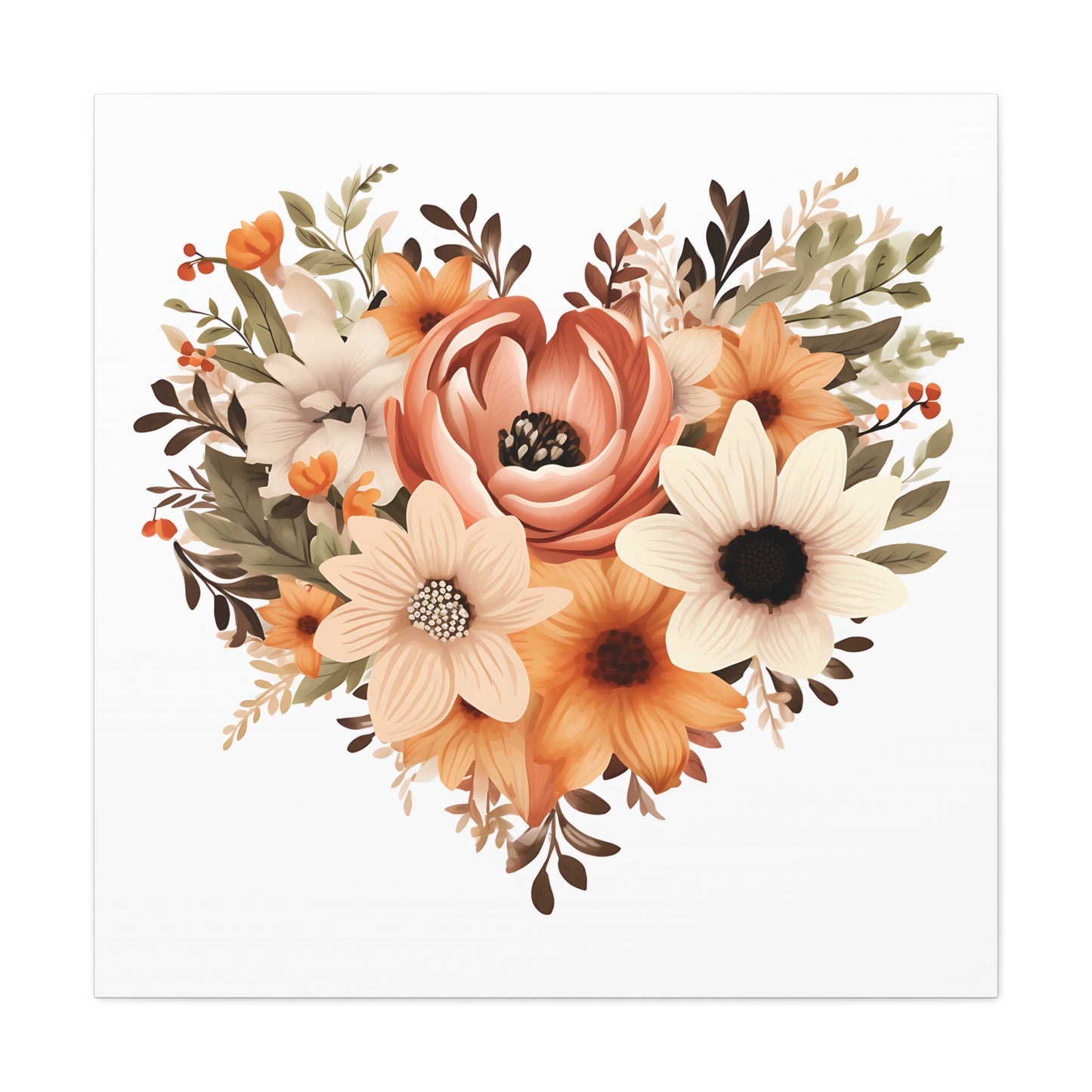 Floral Heart Wall Art, Home Decor, Gift for Her, Stretched Canvas, Flower Heart, Botanical Print, Canvas Print,