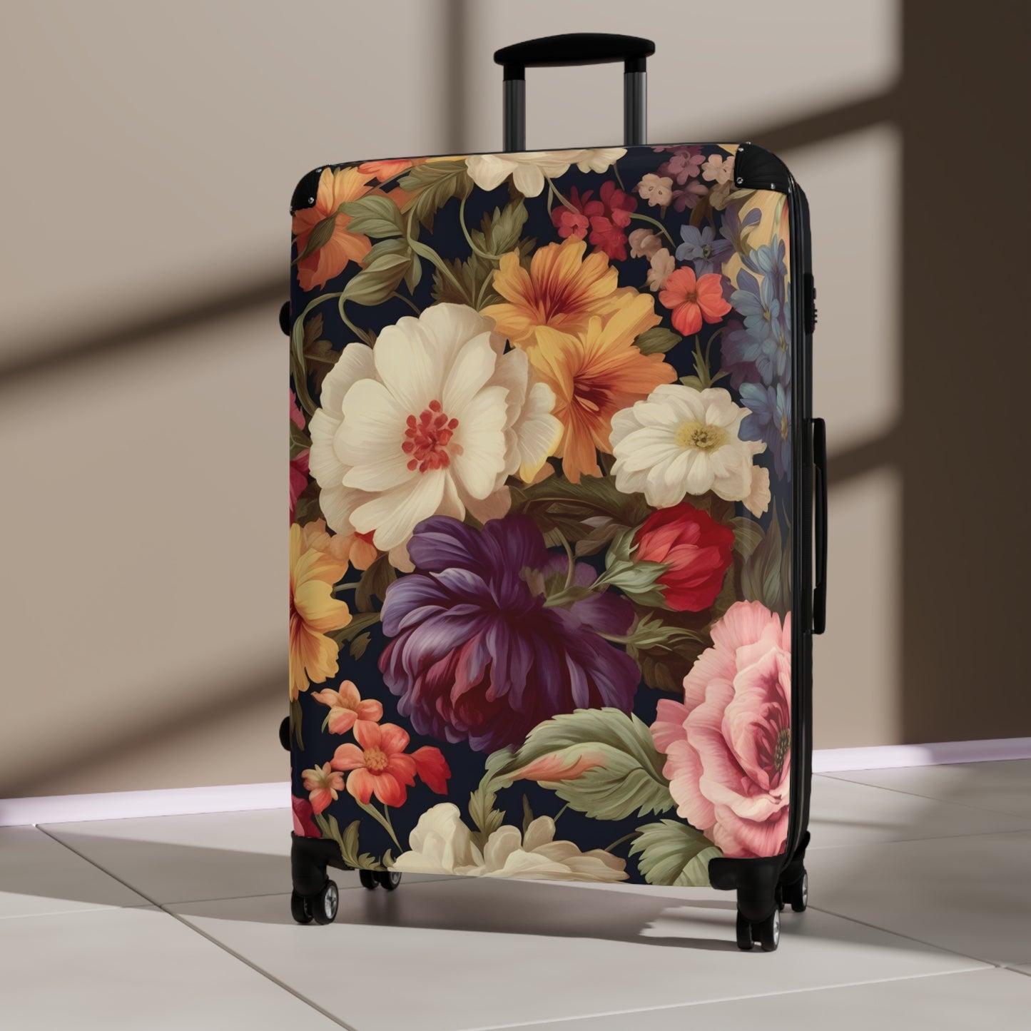 Vintage Floral Print Suitcases - Travel Luggage, Hardshell Spinner, 4-Wheel Suitcase, Retro Floral Suitcase, Floral Travel Bag