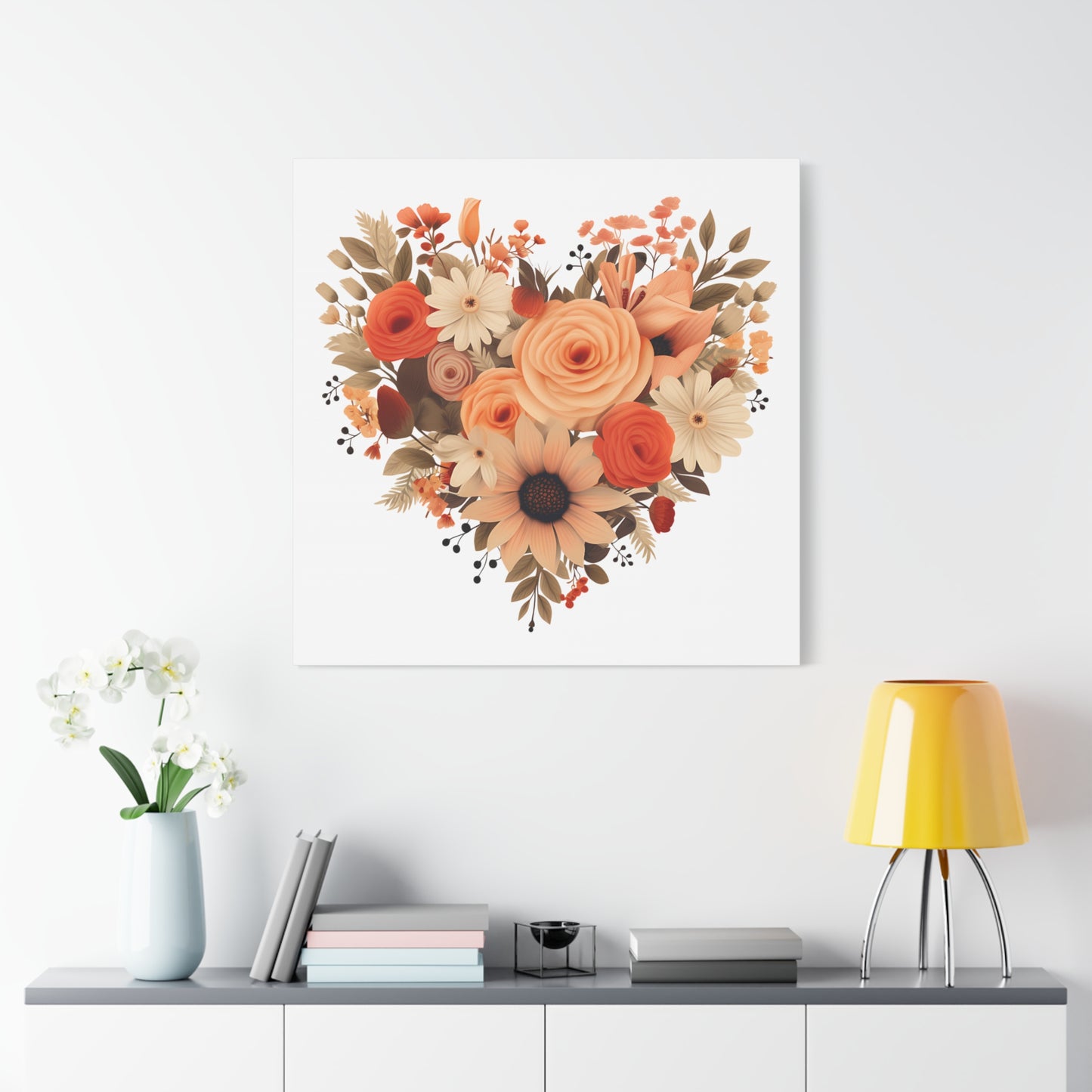 Floral Heart Wall Art, Home Decor, Gift for Her, Stretched Canvas, Flower Heart, Botanical Print, Canvas Print,