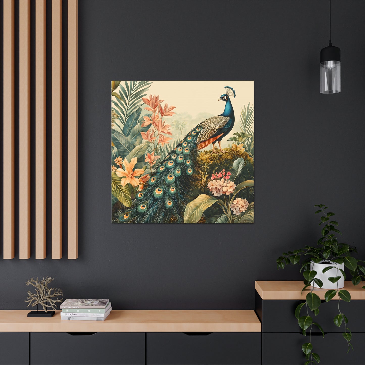 Peacock Vintage Canvas Art, Floral Wall Decor Print, Home Decoration, Gallery Wrap, Retro Style Gift Idea