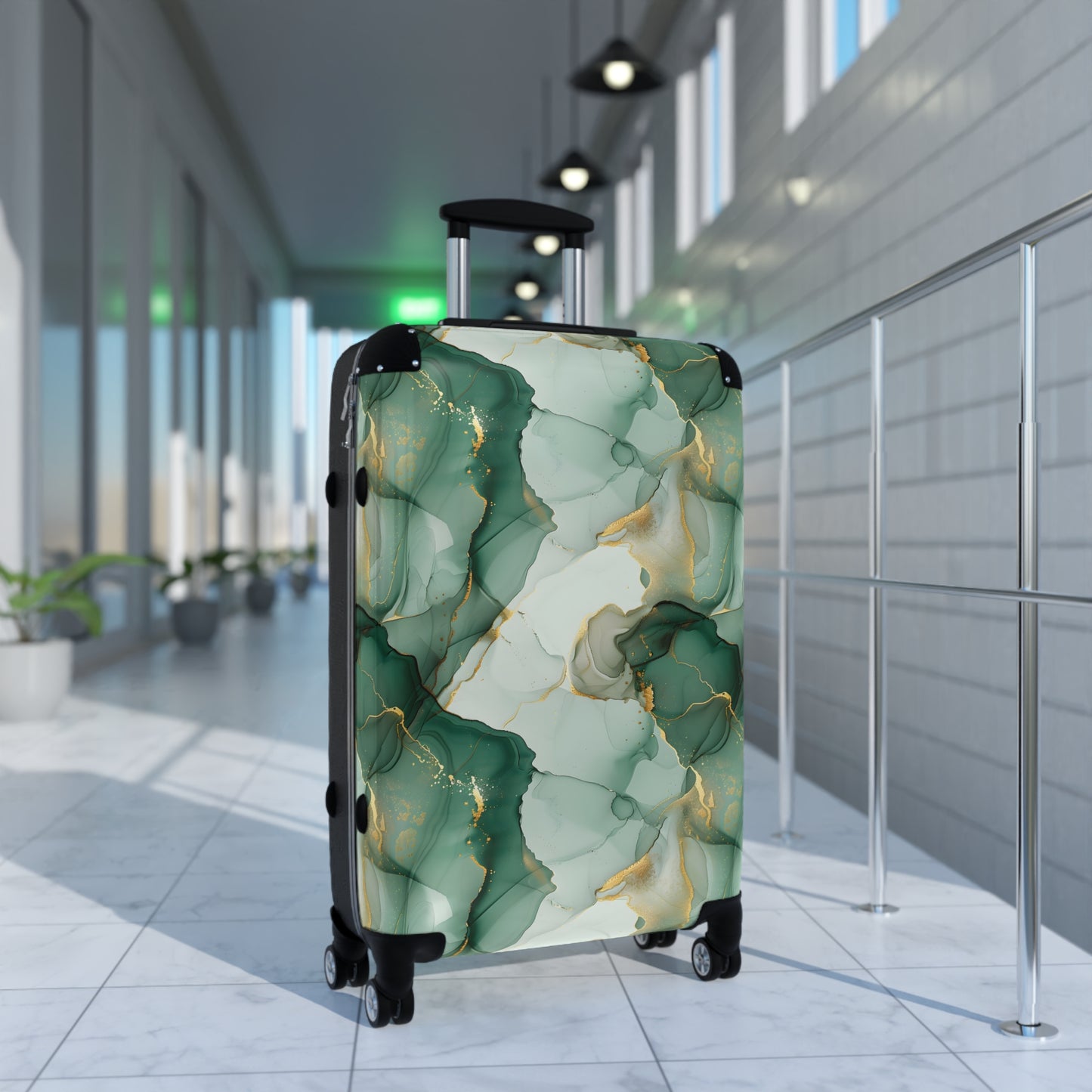 Green Gold Marble Print Suitcases - Travel Luggage, Hardshell Spinner, 4-Wheel Suitcase, Classic Marbled Suitcase, Gold Travel Bag