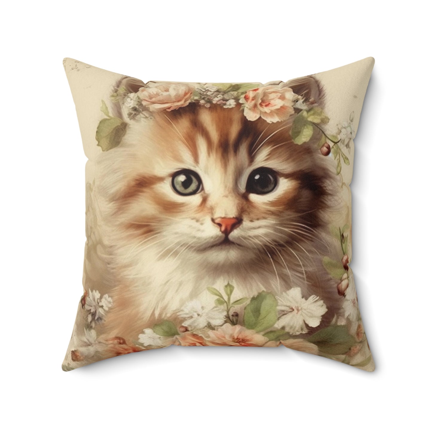 Kitten Floral Square Pillow - Vintage Faux Suede Throw Cushion, Cute Cat Home Decor, Classic Design