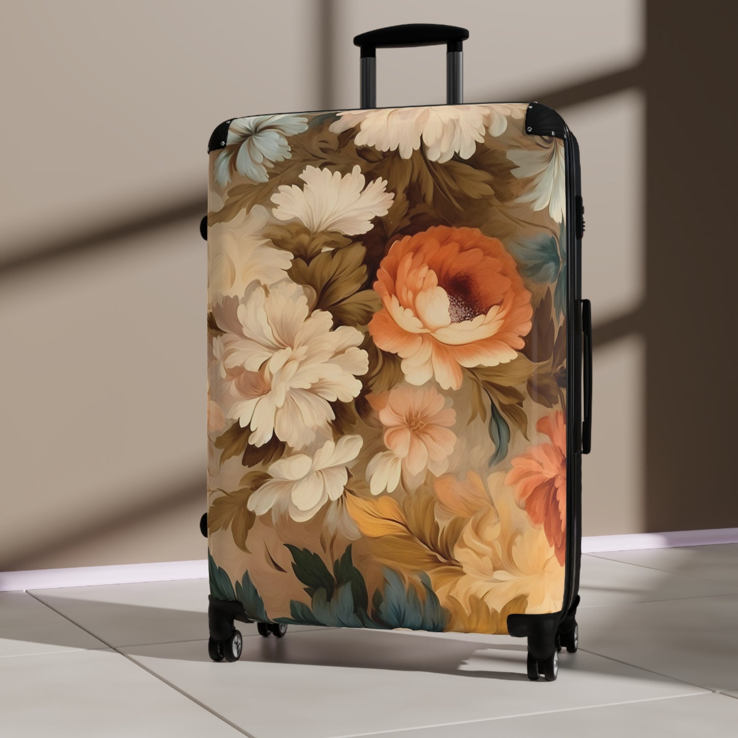 Vintage Floral Print Suitcases - Travel Luggage, Hardshell Spinner, 4-Wheel Suitcase, Retro Floral Suitcase, Floral Travel Bag