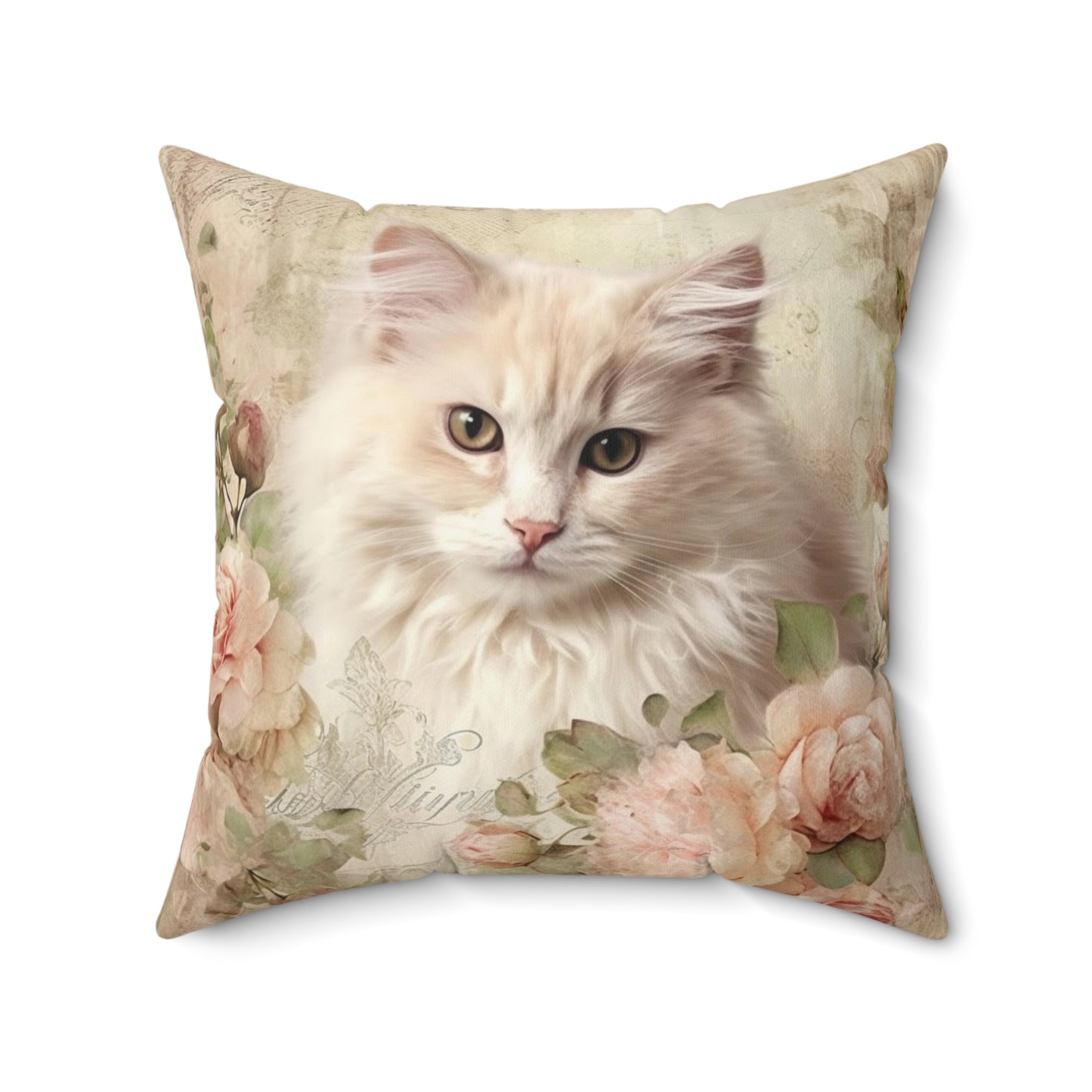 Kitten Floral Square Pillow - Vintage Faux Suede Throw Cushion, Cute Cat Home Decor, Classic Design
