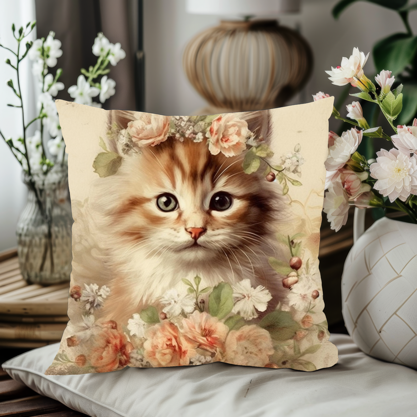 Kitten Floral Square Pillow - Vintage Faux Suede Throw Cushion, Cute Cat Home Decor, Classic Design