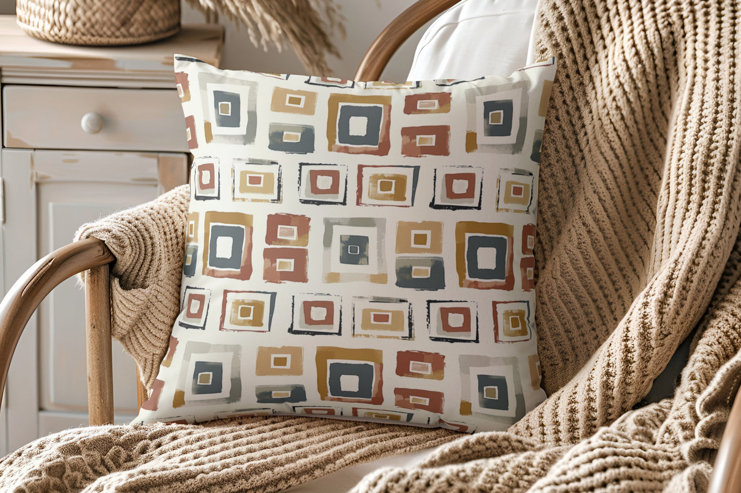 Neutral Earth Tones Square Pillow, Modern Abstract Geometric Decor, Geometric Cushion, Faux Suede Pillow, Home Decor Accent