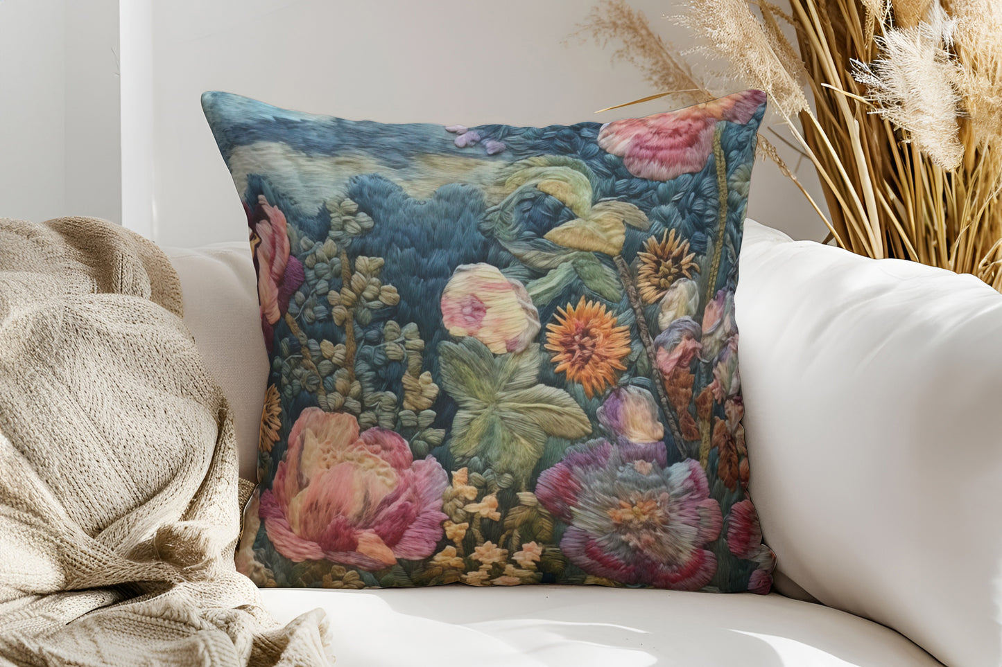 Embroidered Floral Print Pattern Throw Pillow Decorative Flower Square Cushion Home Decor, Vintage Accent Pillow, Decorative Couch