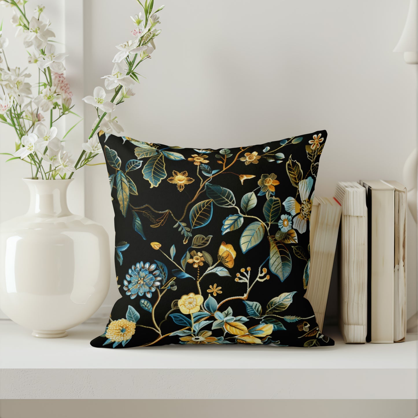Dark Floral Pattern Throw Pillow Decorative Flower Square Cushion Home Sofa Decor, Vintage Accent Pillow, Decorative Couch Cushion, Living
