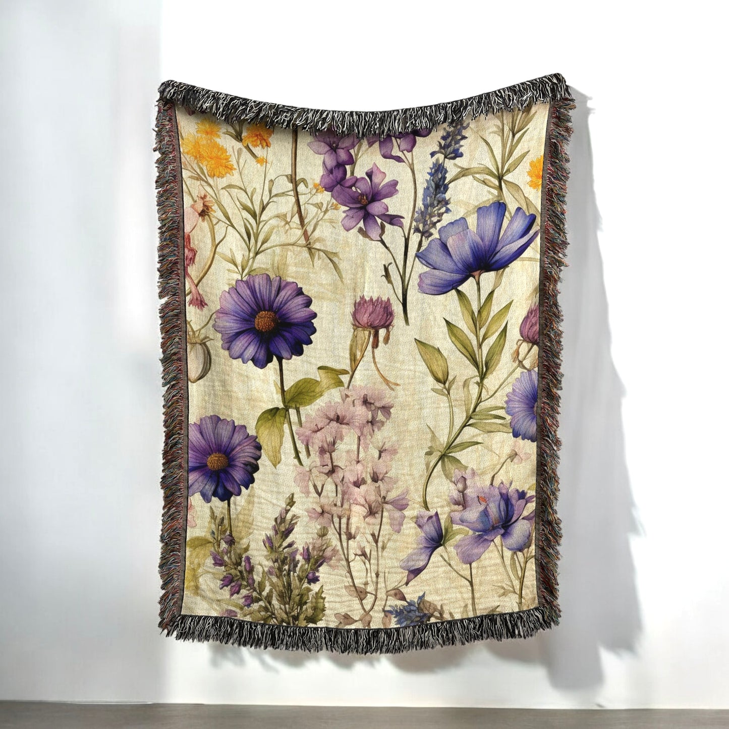 Floral Woven Blanket - Vintage Botanical Tapestry with Fringe Edge - Home Decor, Boho Throw, Cozy Bedding, Unique Gift Idea, Botanical