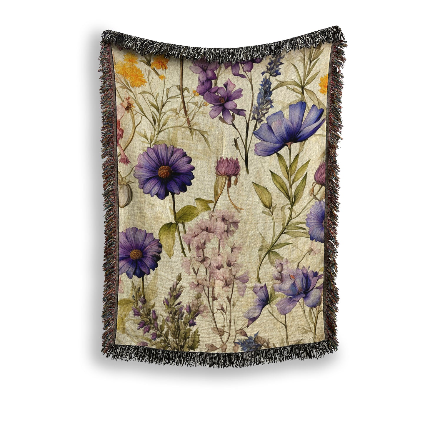 Floral Woven Blanket - Vintage Botanical Tapestry with Fringe Edge - Home Decor, Boho Throw, Cozy Bedding, Unique Gift Idea, Botanical