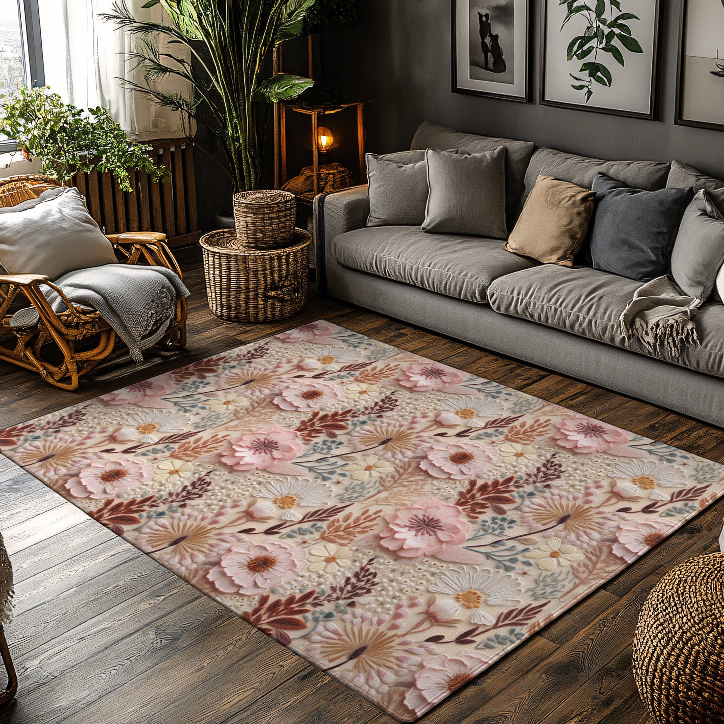 Floral Area Rug, Vintage Carpet, Living Room Decor, Flower Floor Mat, Cottagecore, Rug Printed Embroidery, Bedroom Kitchen