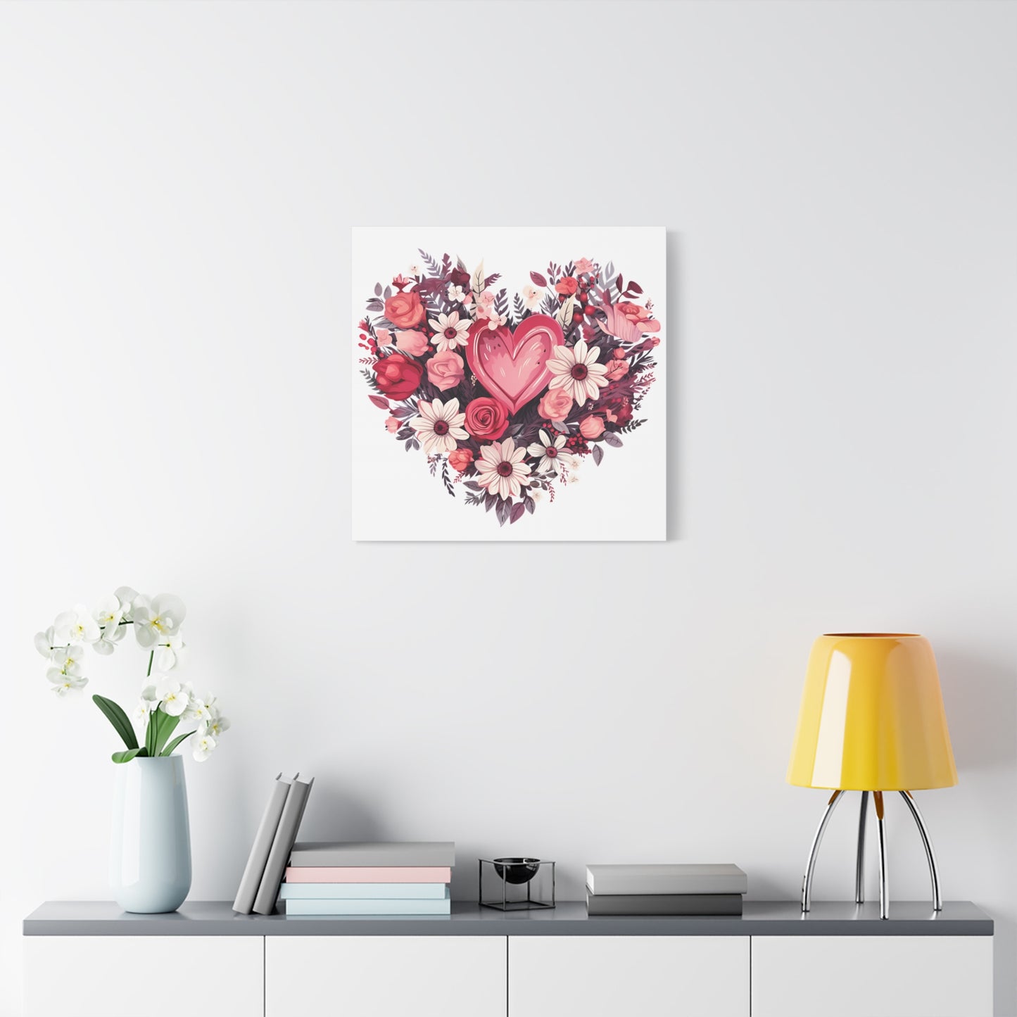 Floral Heart Wall Art, Home Decor, Gift for Her, Stretched Canvas, Flower Heart, Botanical Print, Canvas Print,