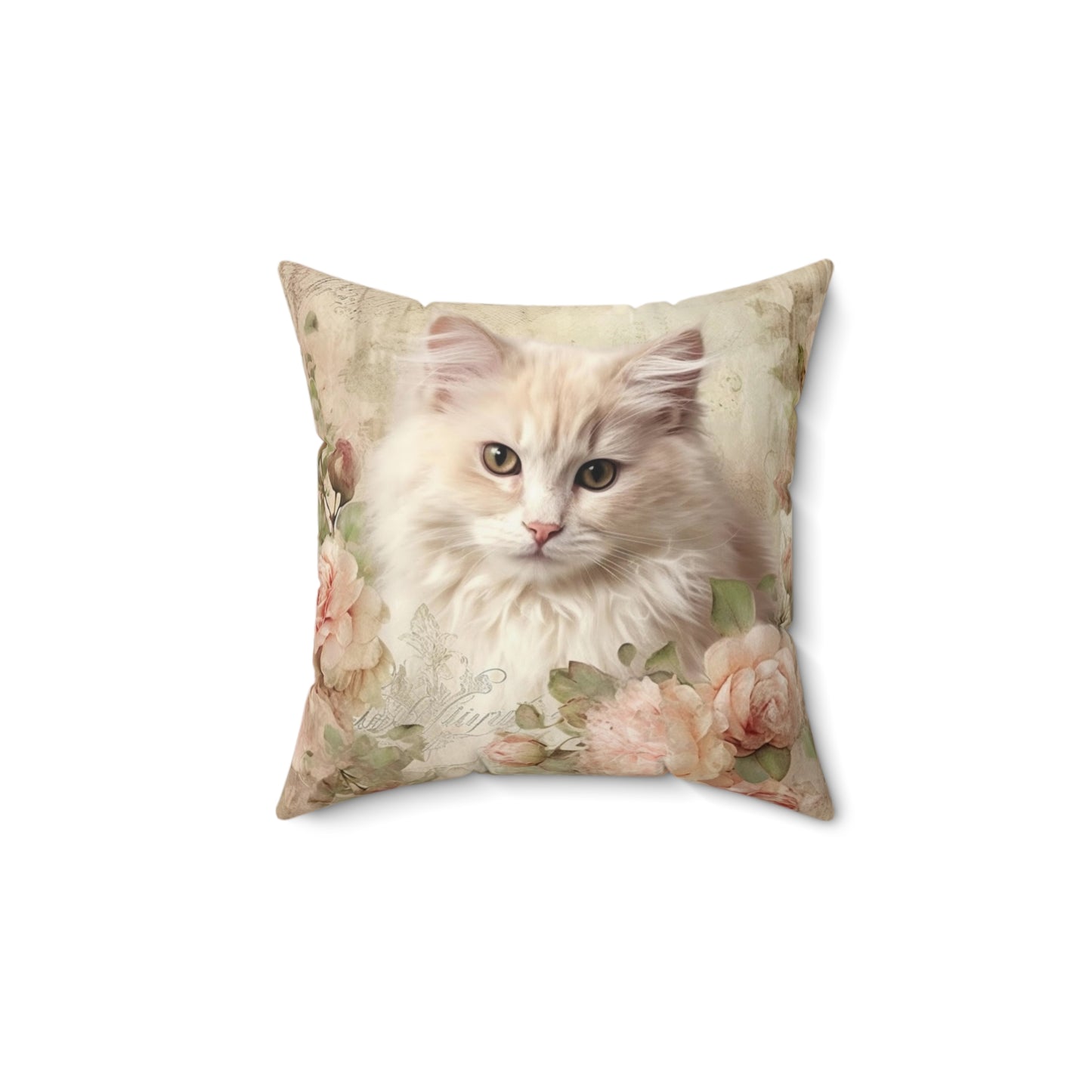 Kitten Floral Square Pillow - Vintage Faux Suede Throw Cushion, Cute Cat Home Decor, Classic Design