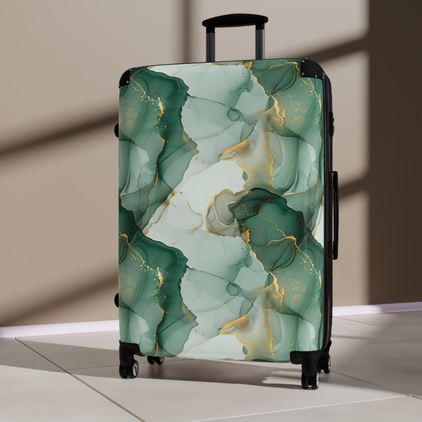 Green Gold Marble Print Suitcases - Travel Luggage, Hardshell Spinner, 4-Wheel Suitcase, Classic Marbled Suitcase, Gold Travel Bag
