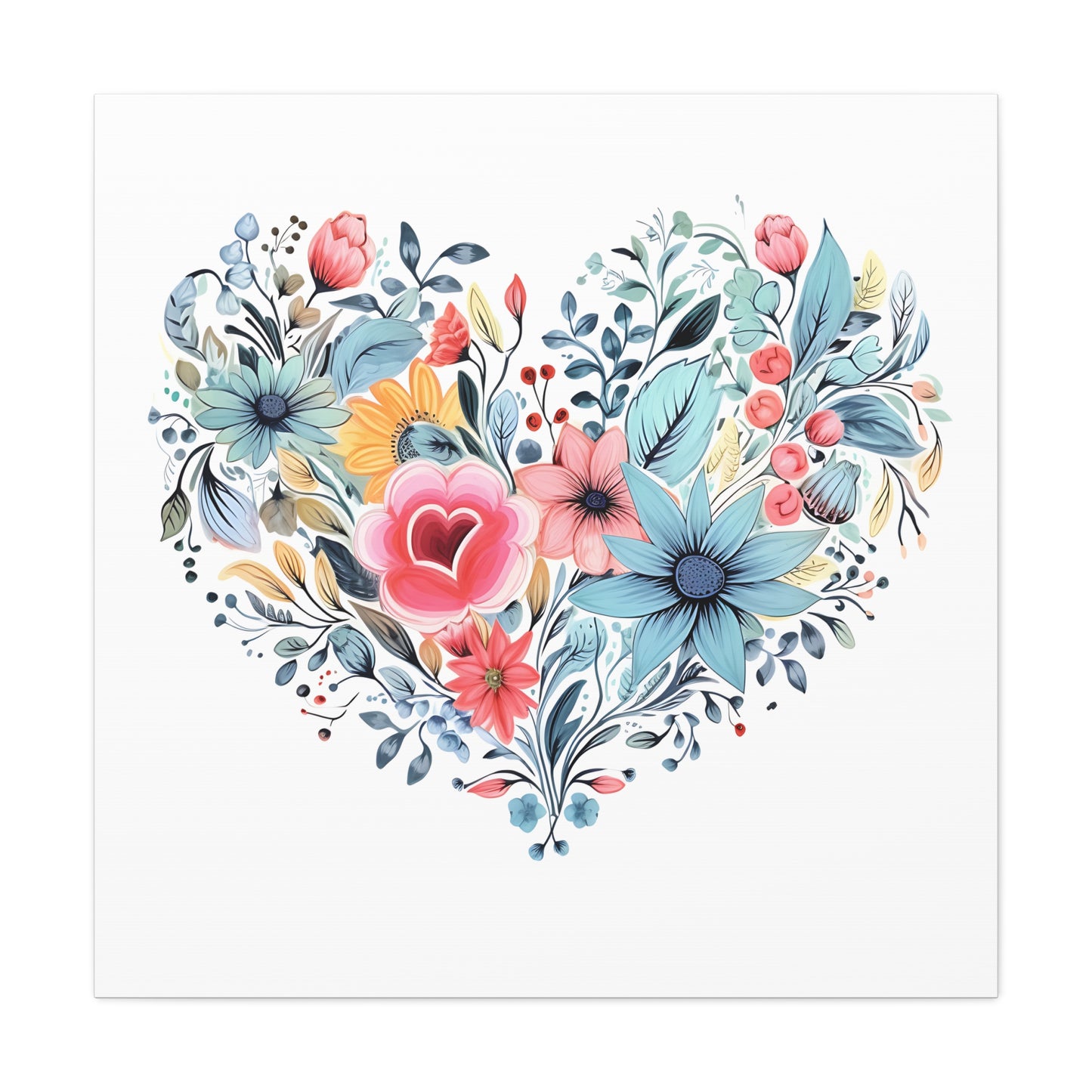 Floral Heart Wall Art, Home Decor, Gift for Her, Stretched Canvas, Flower Heart, Botanical Print, Canvas Print,
