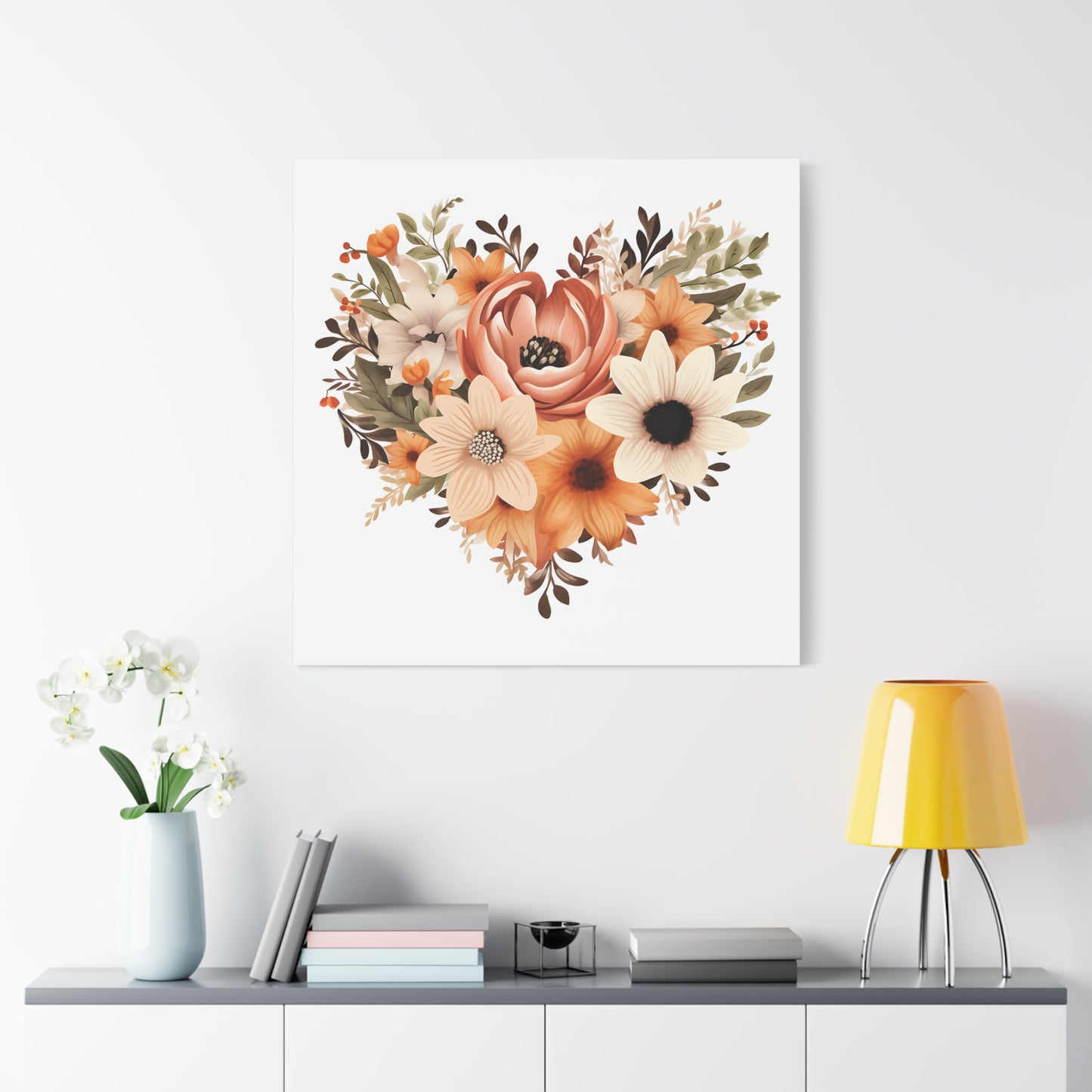 Floral Heart Wall Art, Home Decor, Gift for Her, Stretched Canvas, Flower Heart, Botanical Print, Canvas Print,