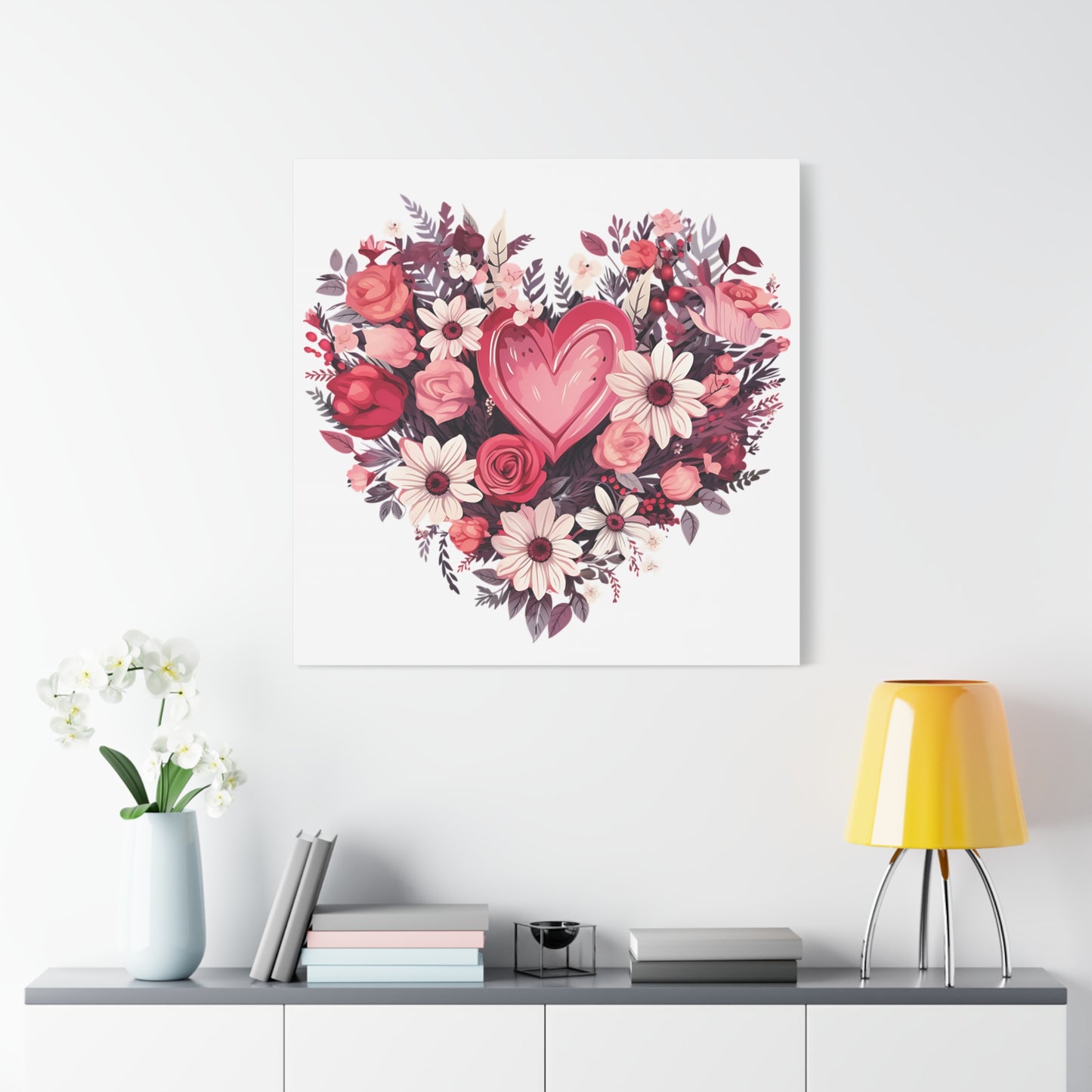 Floral Heart Wall Art, Home Decor, Gift for Her, Stretched Canvas, Flower Heart, Botanical Print, Canvas Print,