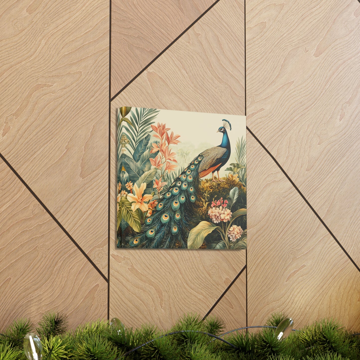 Peacock Vintage Canvas Art, Floral Wall Decor Print, Home Decoration, Gallery Wrap, Retro Style Gift Idea