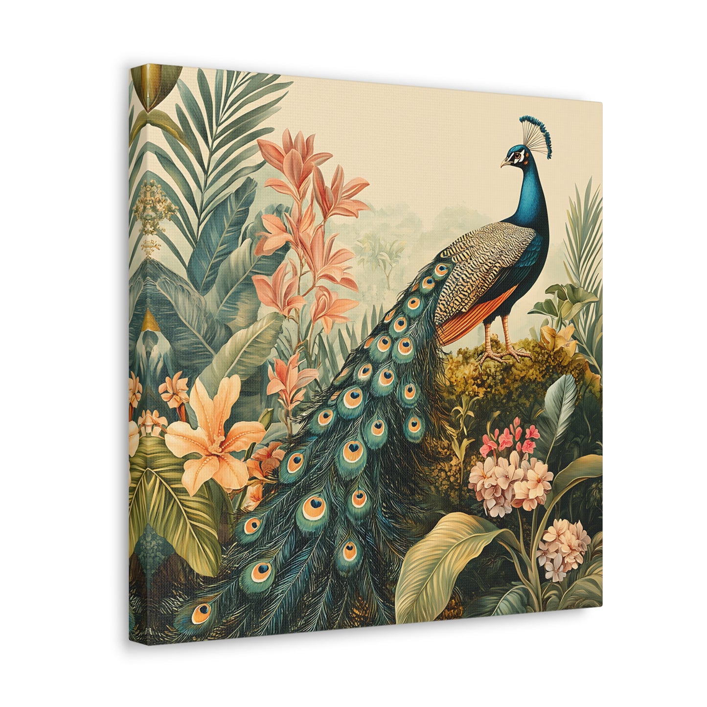 Peacock Vintage Canvas Art, Floral Wall Decor Print, Home Decoration, Gallery Wrap, Retro Style Gift Idea