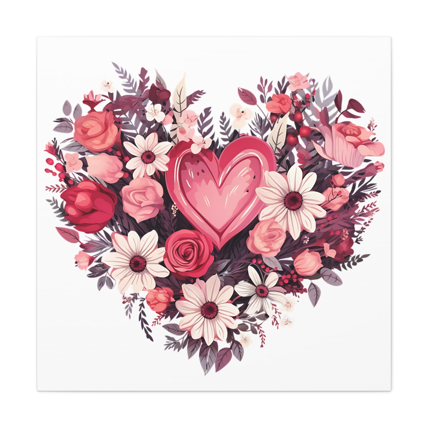 Floral Heart Wall Art, Home Decor, Gift for Her, Stretched Canvas, Flower Heart, Botanical Print, Canvas Print,