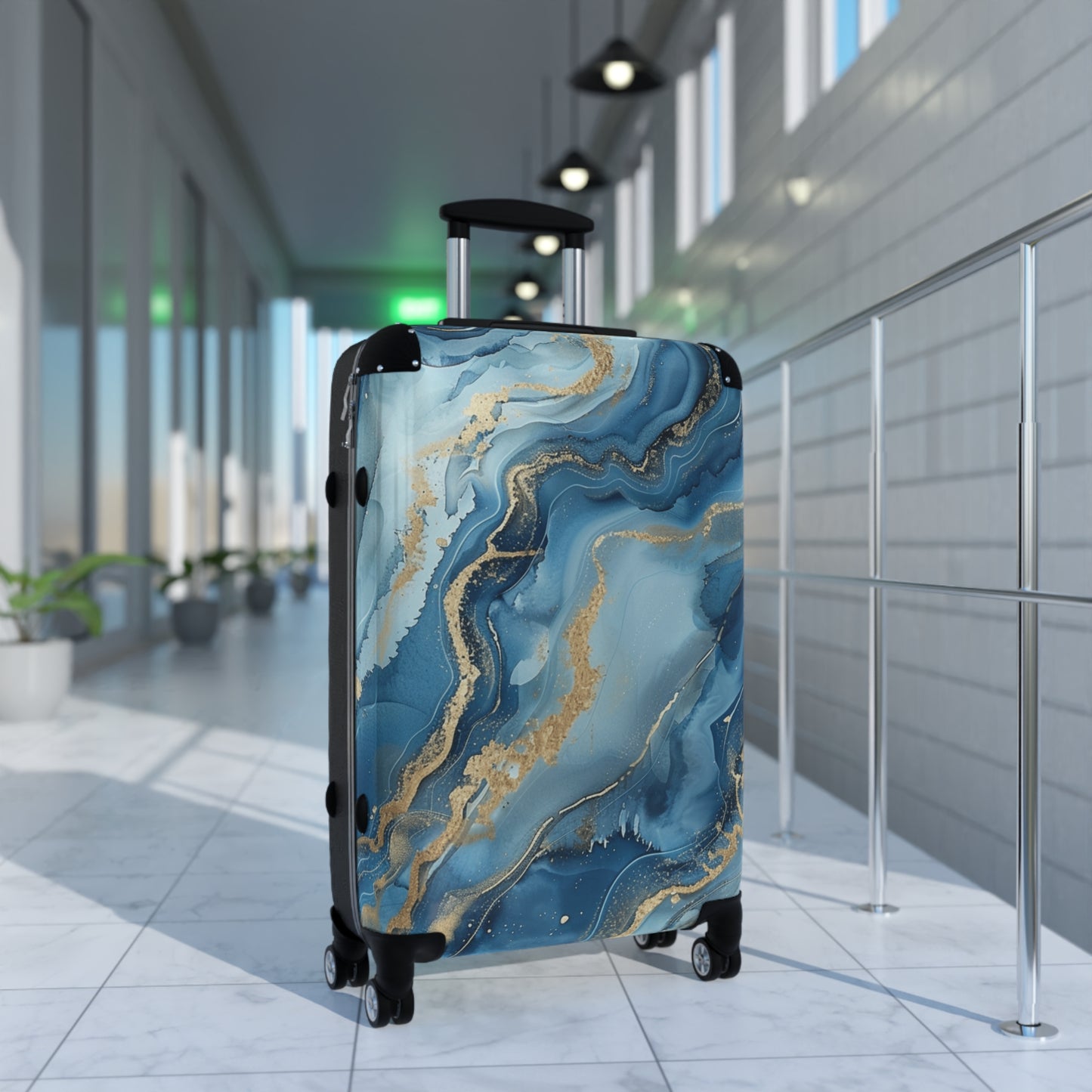 Blue Marle Print Suitcases - Travel Luggage, Hardshell Spinner, 4-Wheel Suitcase, Classic Marbled Suitcase, Gold Travel Bag