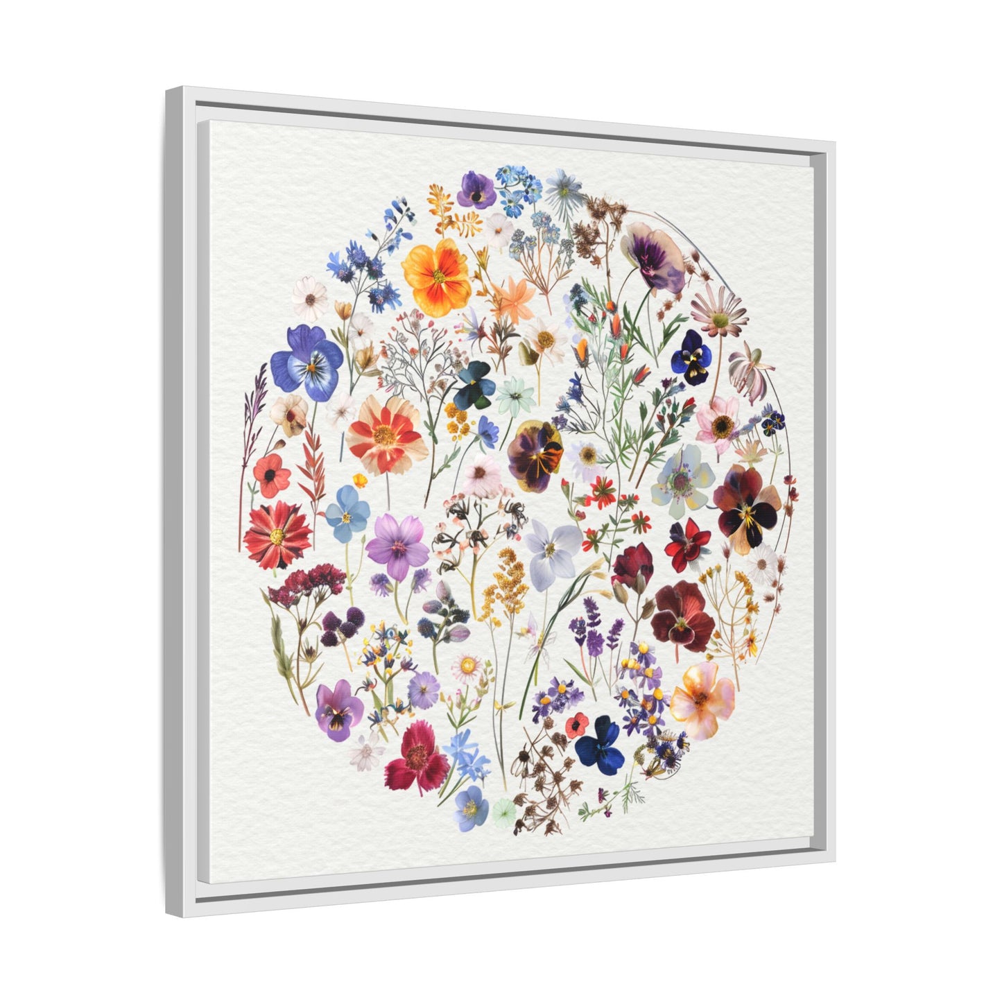 Botanical Circle Wall Art - Framed Wildflower Print, Colorful Floral Design - Modern Boho Home Decor, Matte Canvas
