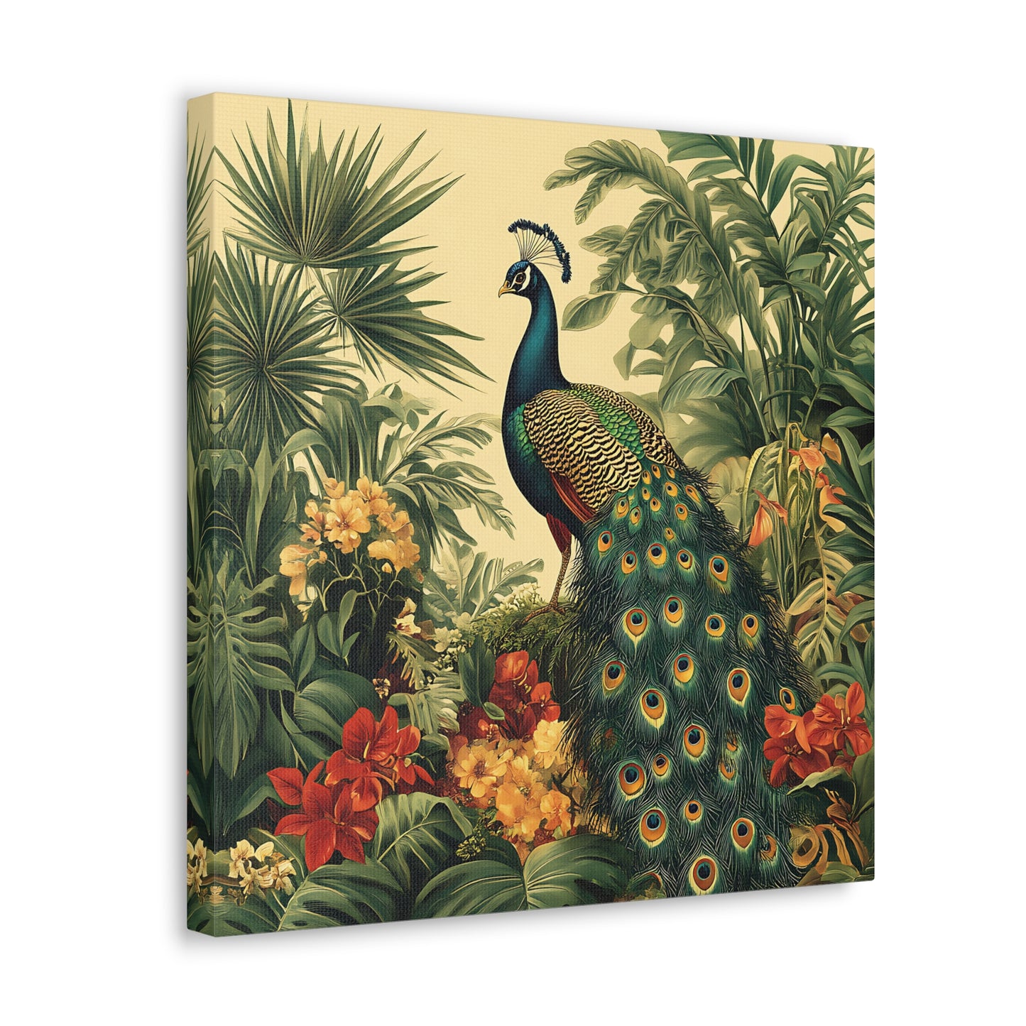 Peacock Vintage Canvas Art, Floral Wall Decor Print, Home Decoration, Gallery Wrap, Retro Style Gift Idea