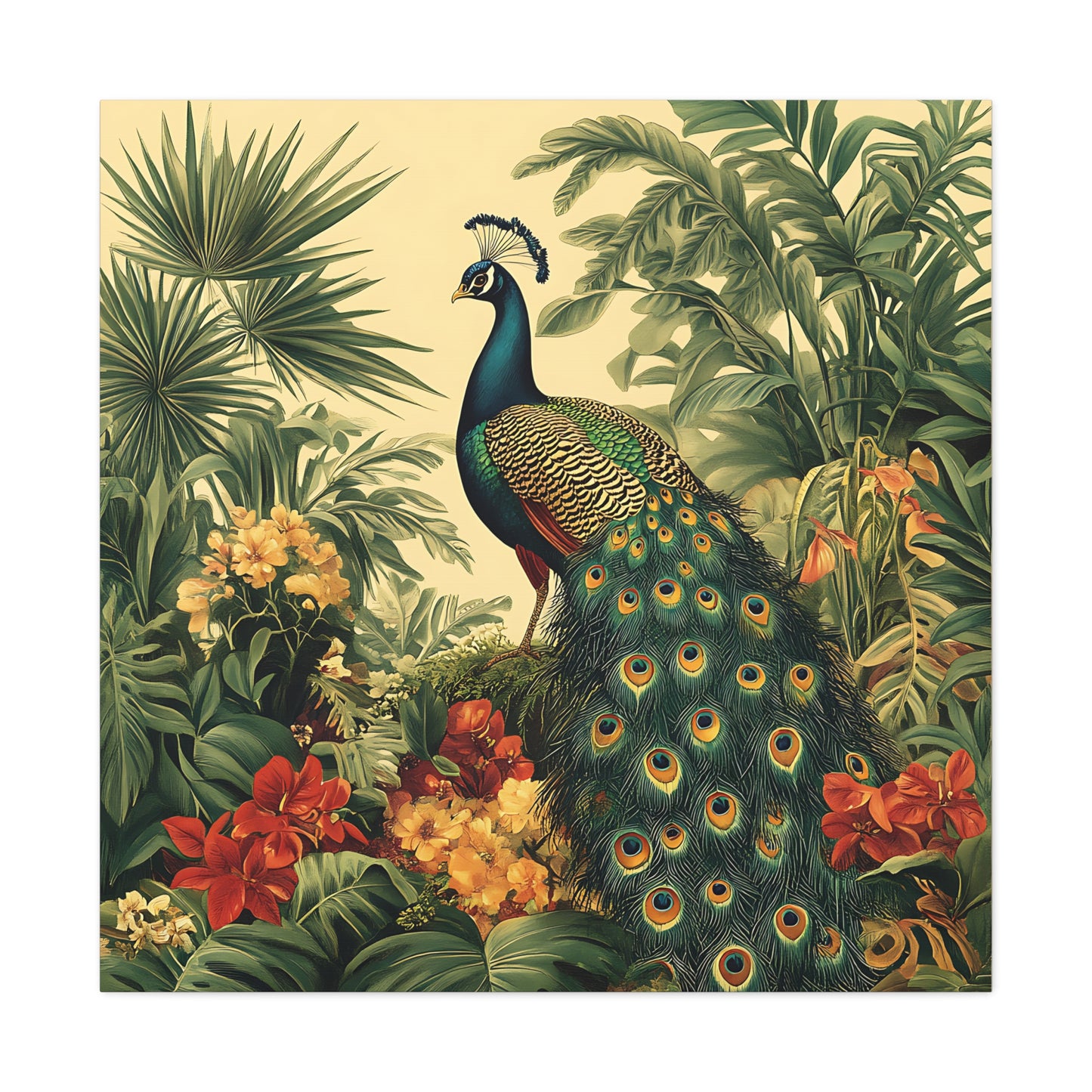 Peacock Vintage Canvas Art, Floral Wall Decor Print, Home Decoration, Gallery Wrap, Retro Style Gift Idea