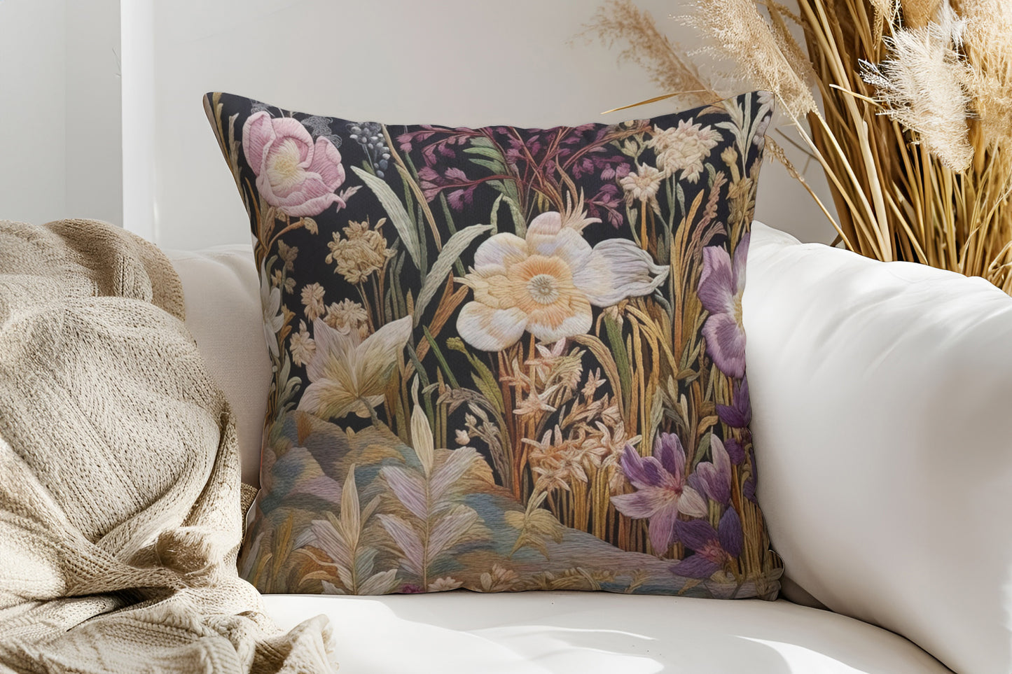Embroidered Floral Print Pattern Throw Pillow Decorative Flower Square Cushion Home Decor, Vintage Accent Pillow, Decorative Couch