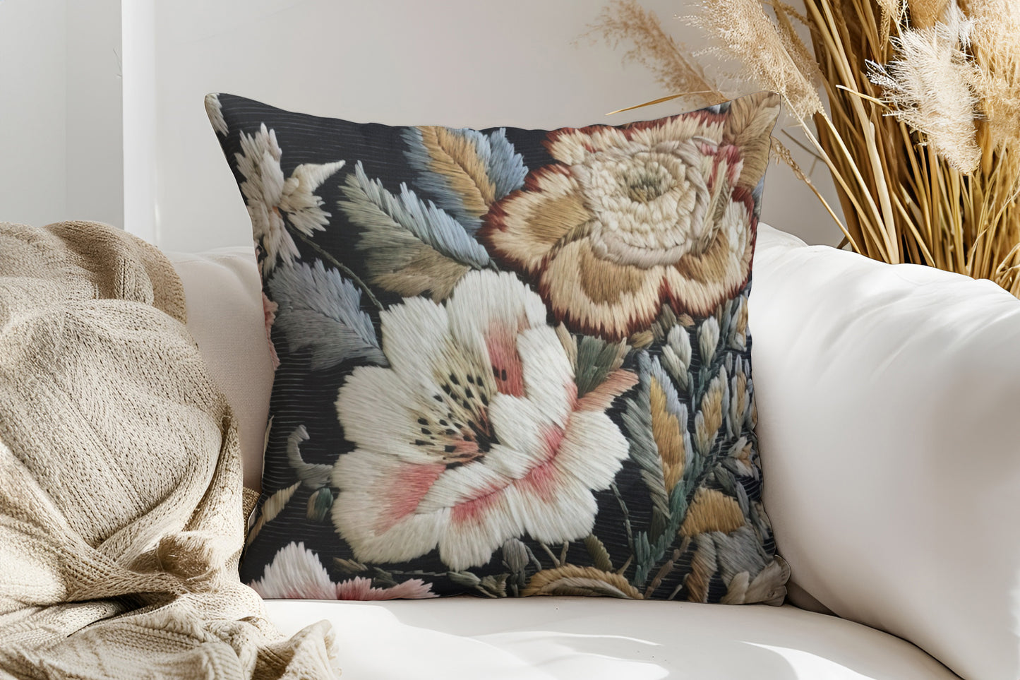 Embroidered Floral Print Pattern Throw Pillow Decorative Flower Square Cushion Home Decor, Vintage Accent Pillow, Decorative Couch