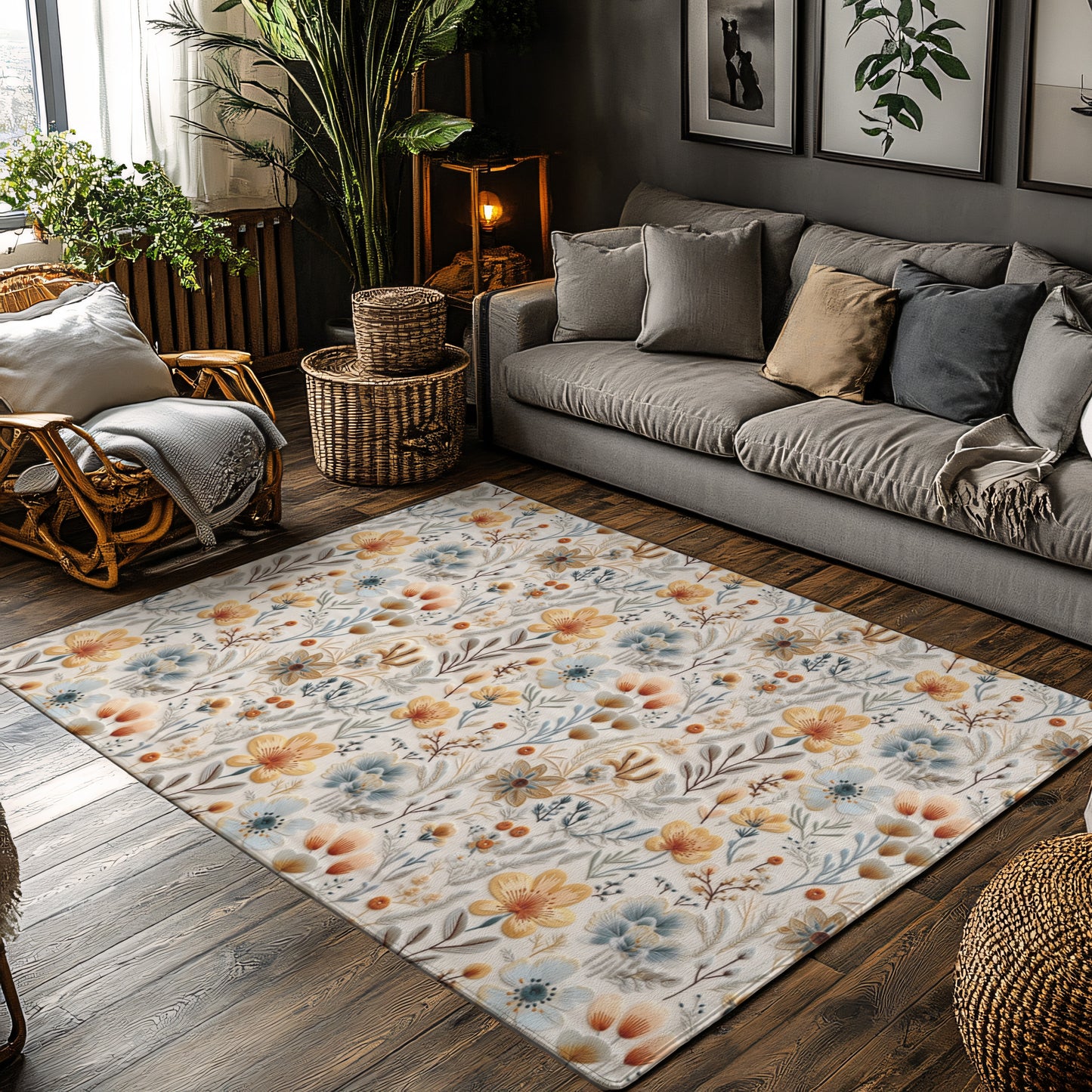Floral Area Rug, Vintage Carpet, Living Room Decor, Flower Floor Mat, Cottagecore, Rug Printed Embroidery, Bedroom Kitchen