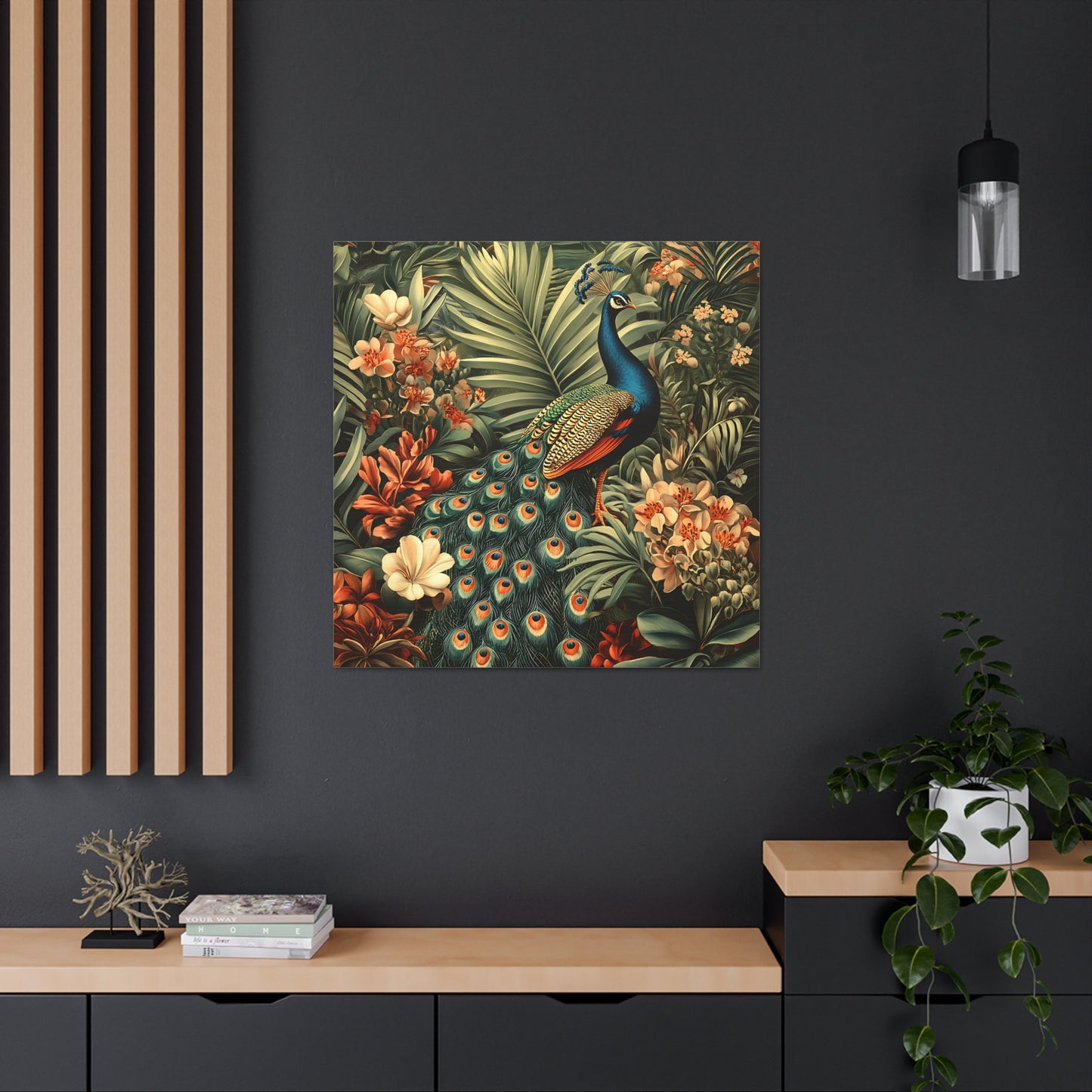 Peacock Vintage Canvas Art, Floral Wall Decor Print, Home Decoration, Gallery Wrap, Retro Style Gift Idea