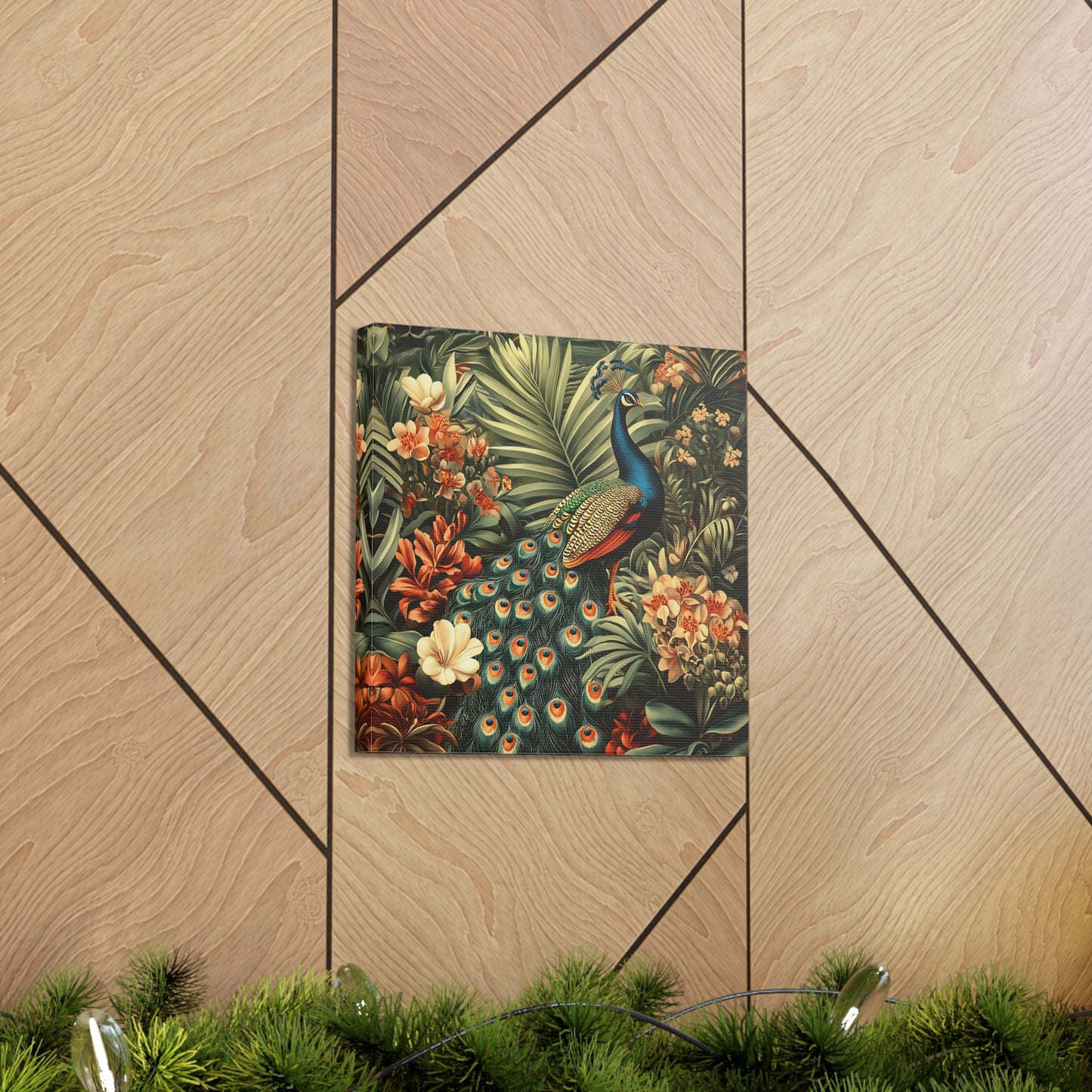 Peacock Vintage Canvas Art, Floral Wall Decor Print, Home Decoration, Gallery Wrap, Retro Style Gift Idea
