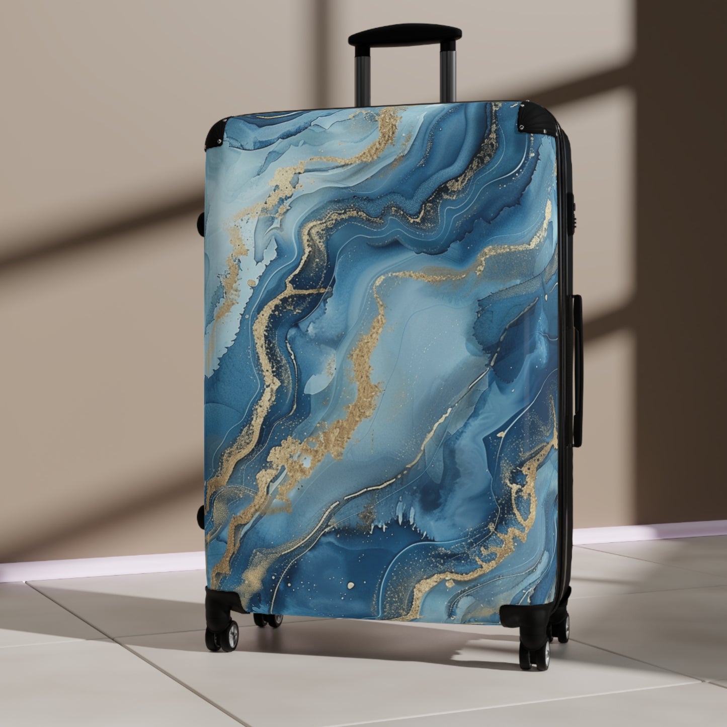 Blue Marle Print Suitcases - Travel Luggage, Hardshell Spinner, 4-Wheel Suitcase, Classic Marbled Suitcase, Gold Travel Bag