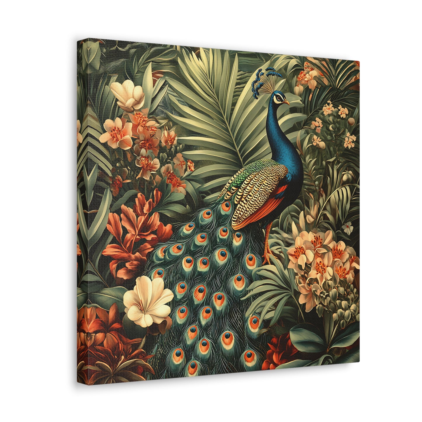 Peacock Vintage Canvas Art, Floral Wall Decor Print, Home Decoration, Gallery Wrap, Retro Style Gift Idea