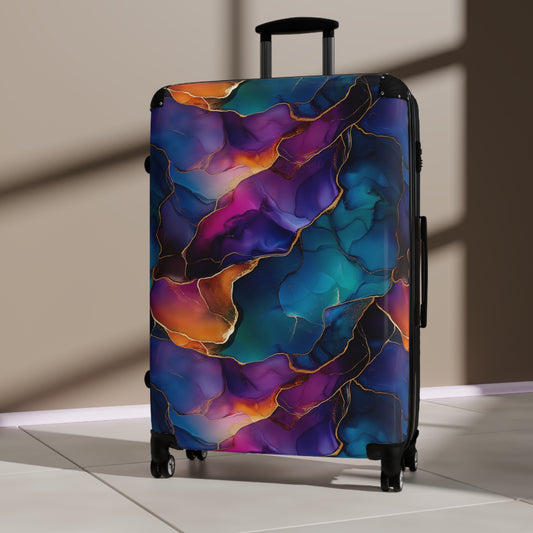 Abstract Bold Color Suitcases Multicolor - Travel Luggage, Hardshell Spinner, 4-Wheel Suitcase, Classic Marbled Suitcase, Gold Travel Bag