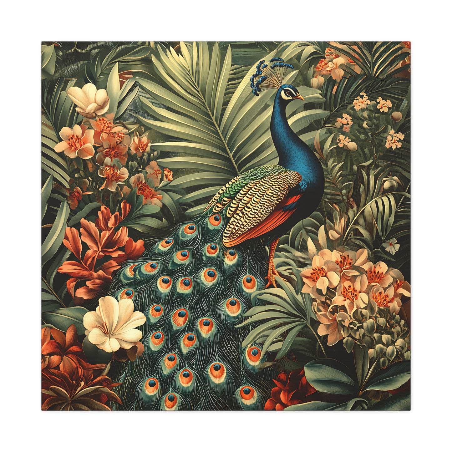 Peacock Vintage Canvas Art, Floral Wall Decor Print, Home Decoration, Gallery Wrap, Retro Style Gift Idea