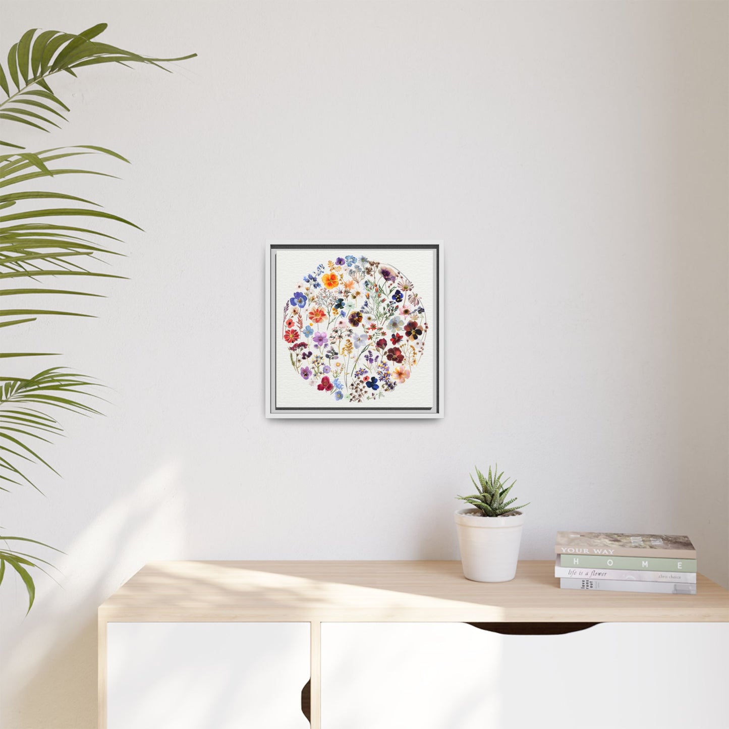 Botanical Circle Wall Art - Framed Wildflower Print, Colorful Floral Design - Modern Boho Home Decor, Matte Canvas